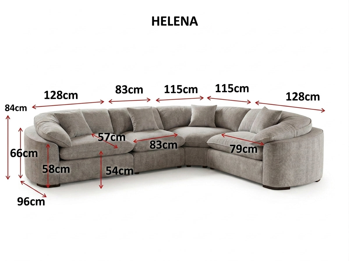 A sectional sofa labeled HELENA with overlaid dimension arrows and measurements in centimeters on a white background.