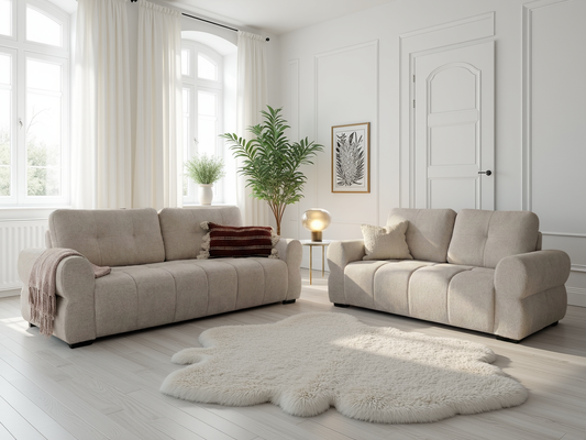 Beige sofa set in a bright living room with white walls and decor.