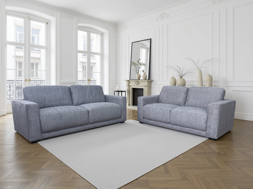 Marlow grey three and two-seater sofa set in a bright modern living room