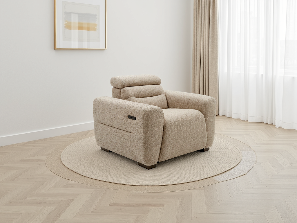 Beige recliner chair in a room with light wood flooring and white walls.