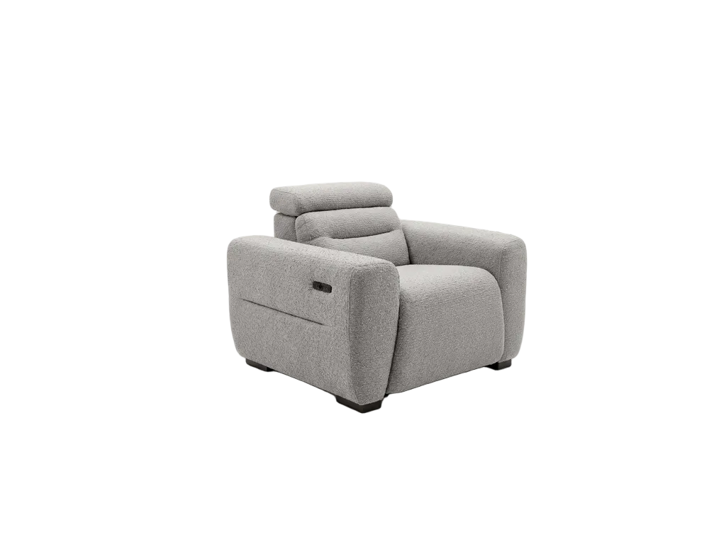 A modern grey upholstered recliner armchair with a segmented headrest and dark wooden feet, shown on a plain white background.