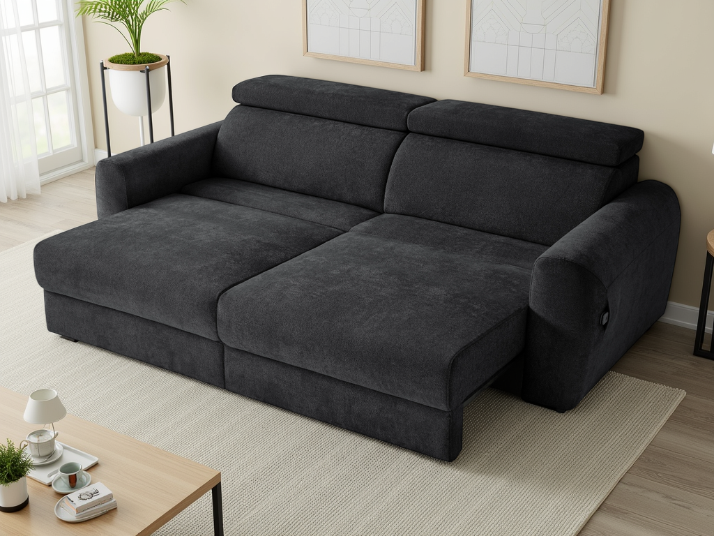 Black sectional sofa in a living room setting with a coffee table and decor items.