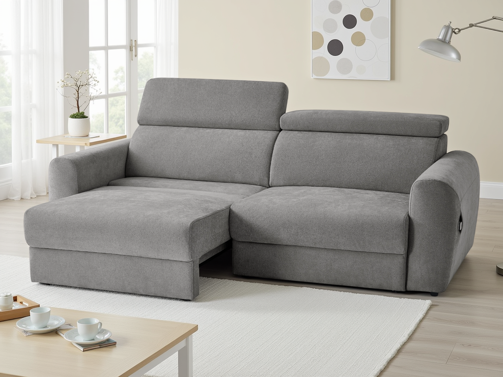 Gray sectional sofa in a living room setting with a coffee table and decor items.