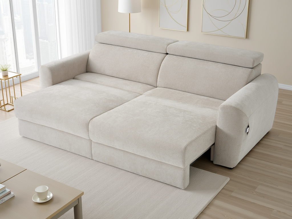 Beige sectional sofa in a living room setting with a coffee table and decor.