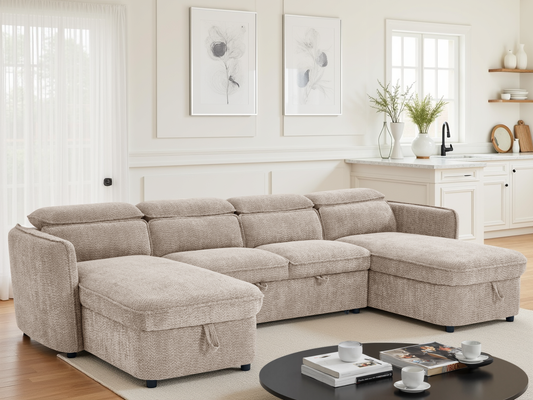 Beige sectional sofa in a living room with decor elements.