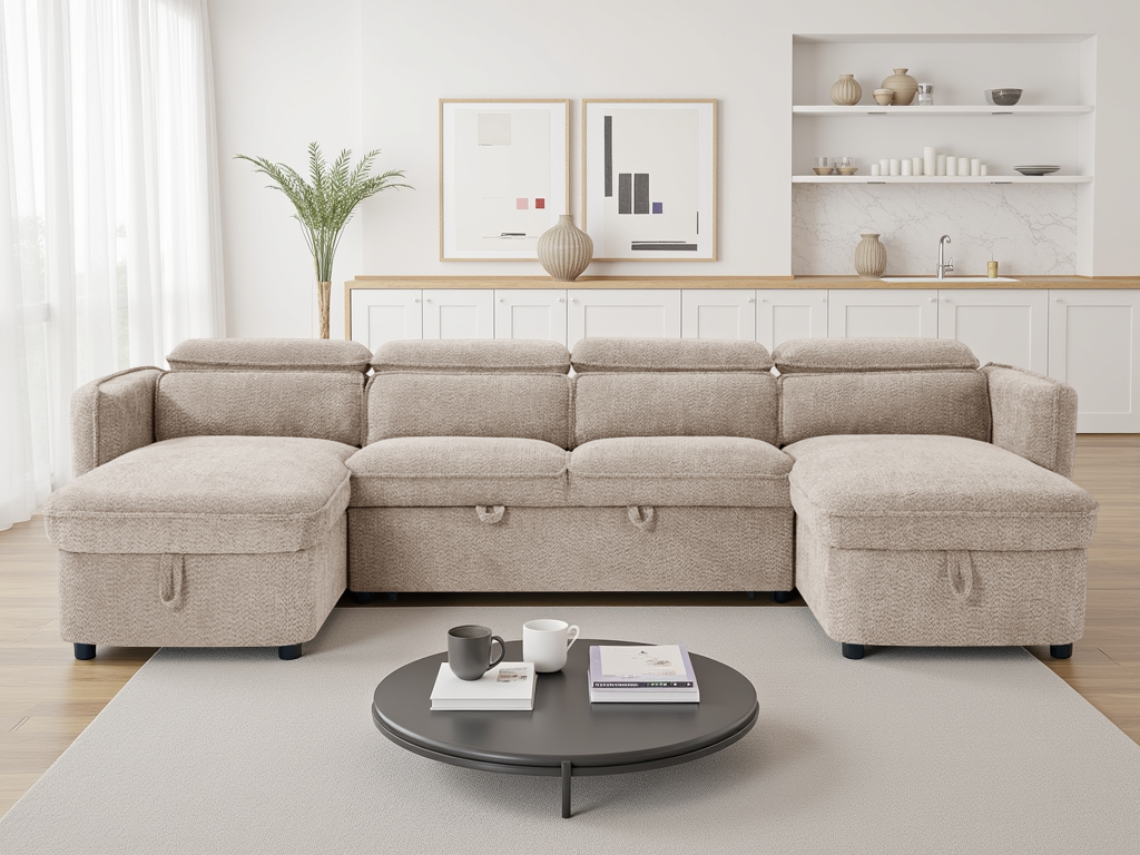 Beige sectional sofa in a living room setting with a coffee table and decor items.