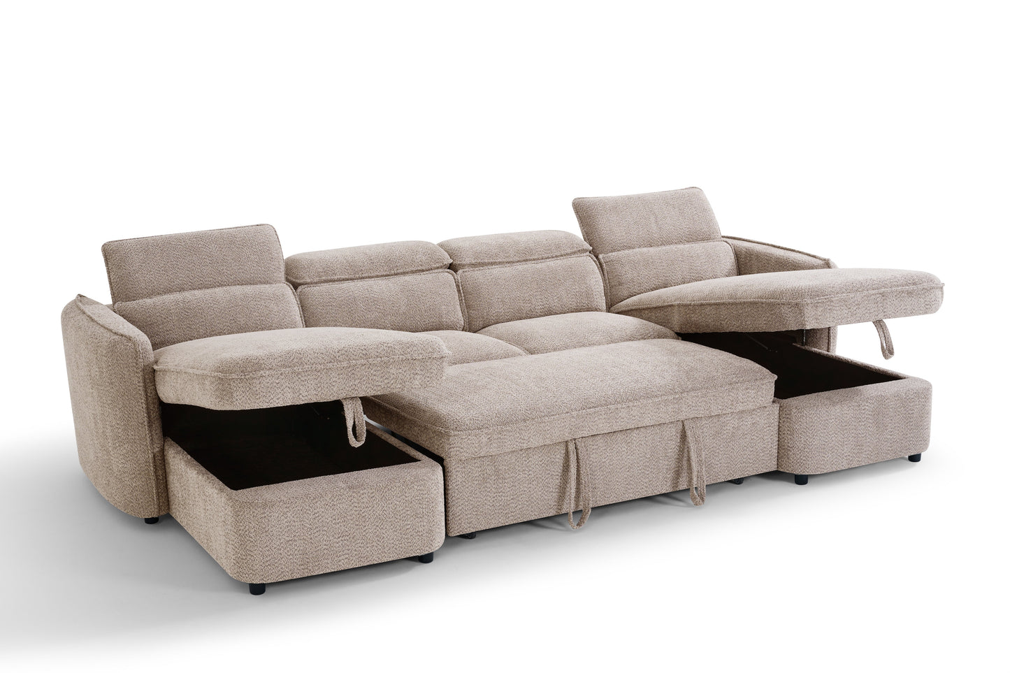 Beige sectional sofa with storage drawers on a white background