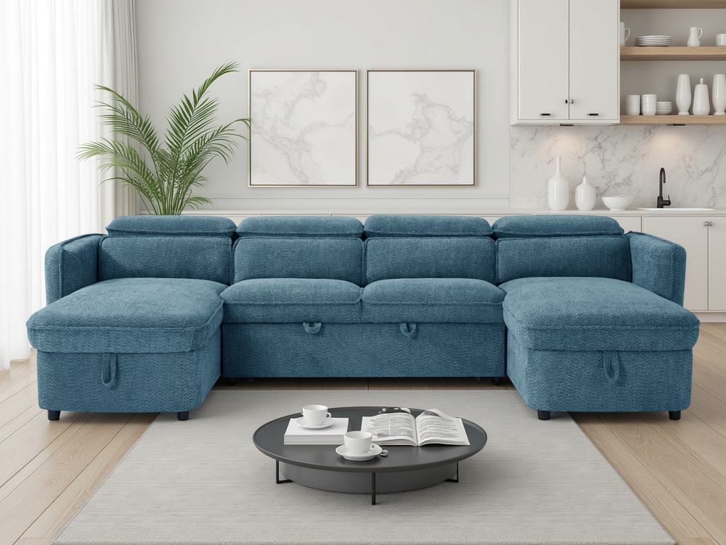 Blue sectional sofa in a living room with a coffee table and decor.