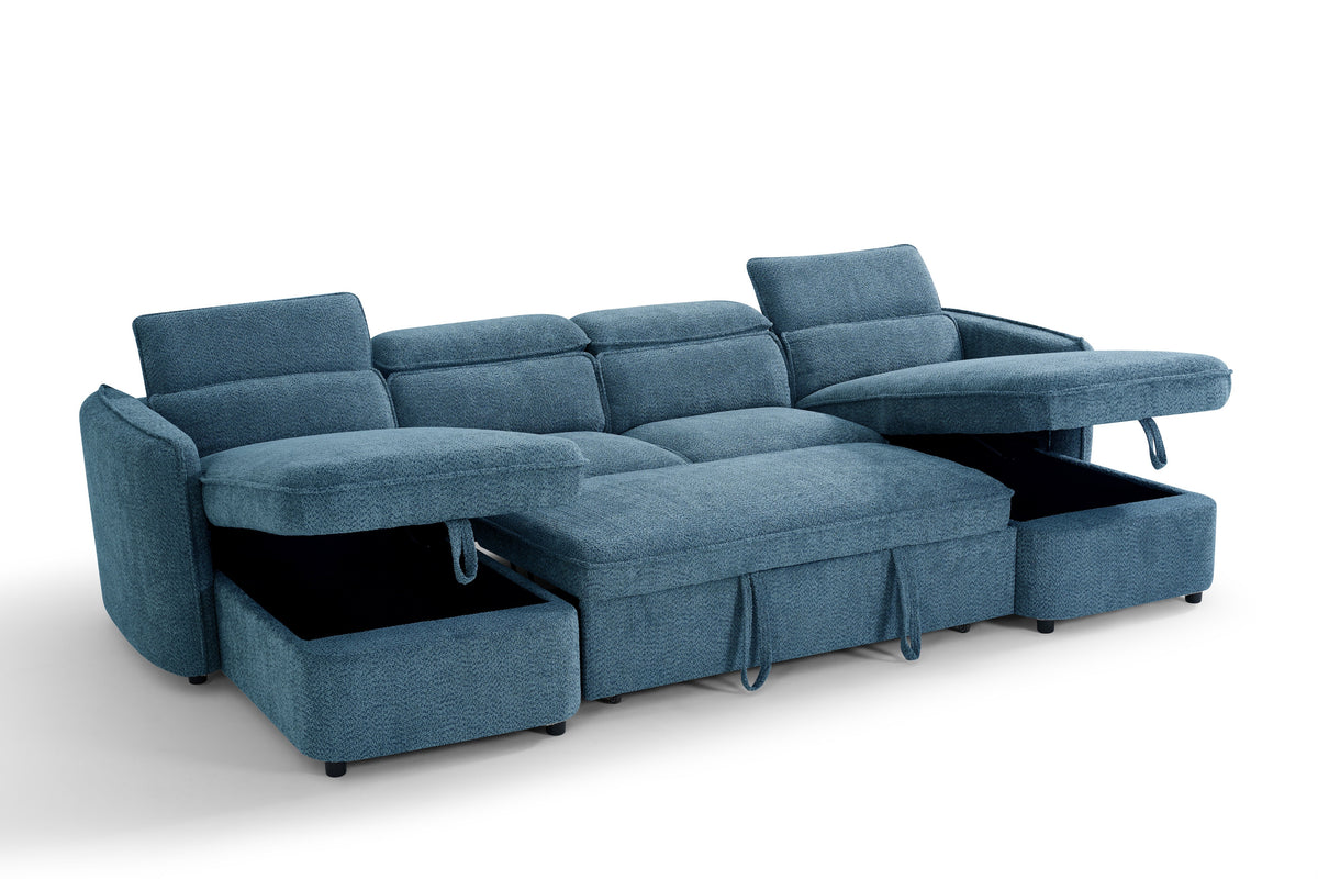 Blue sectional sofa with storage drawers on a white background