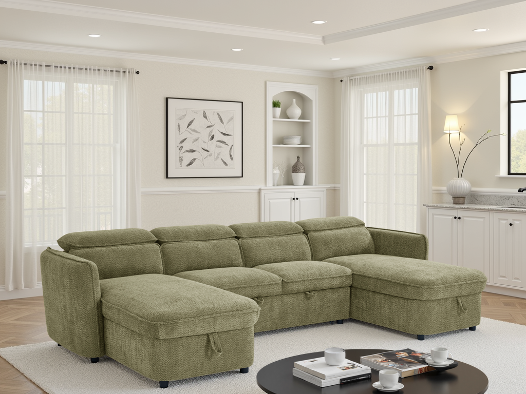 Green sectional sofa in a living room setting with a coffee table and decor items.