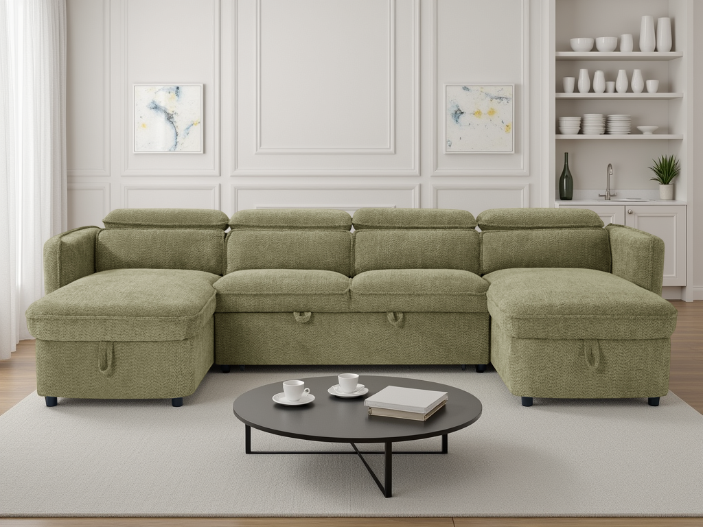 Green sectional sofa in a living room setting with a coffee table and decor.