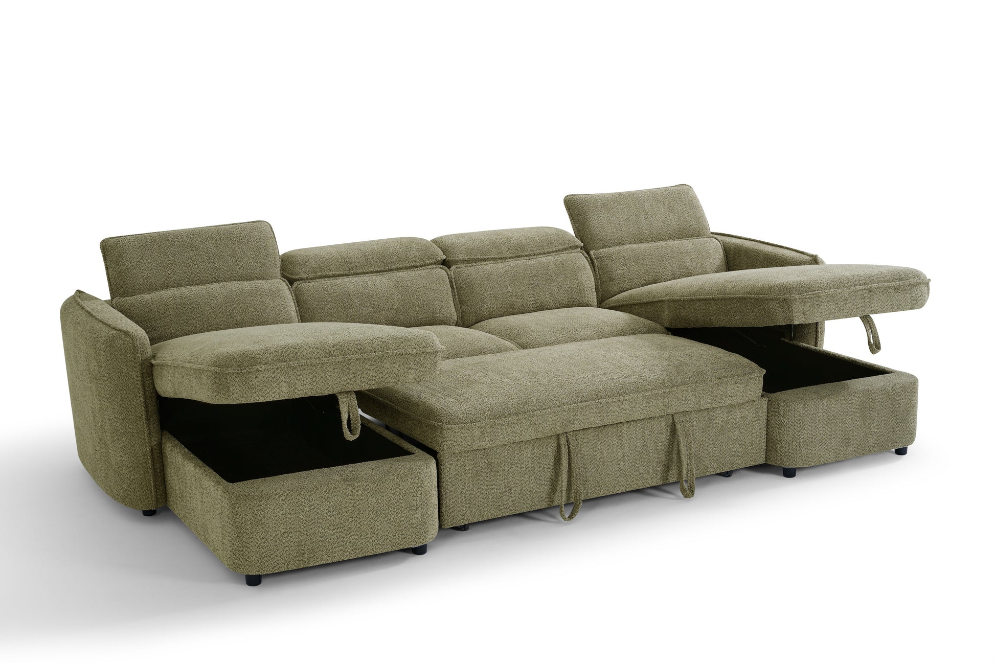 Green sectional sofa with storage drawers on a white background