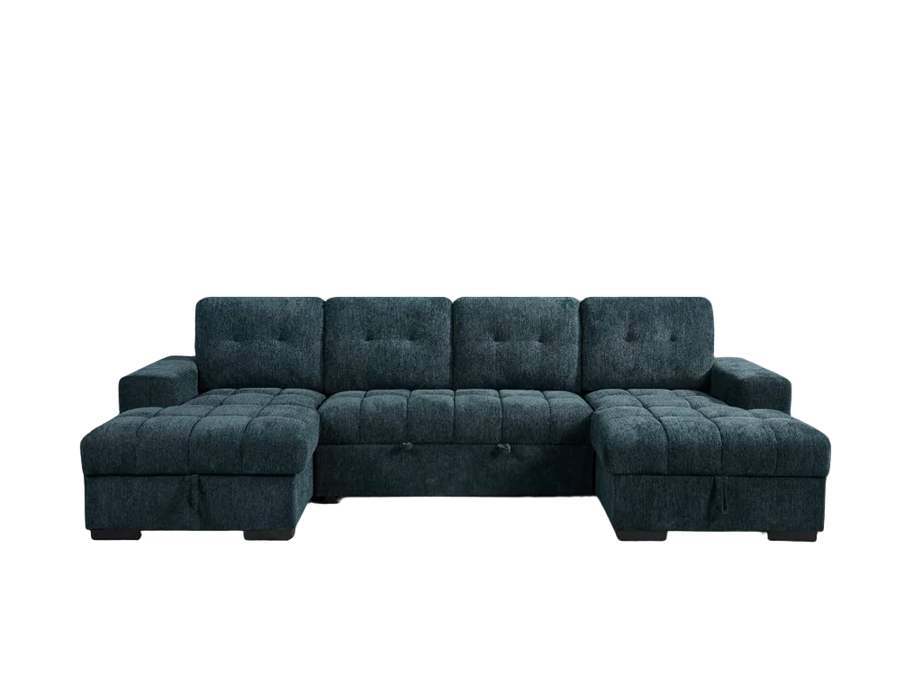 A dark teal upholstered sectional sofa with a left-facing chaise ottoman and a right-facing chaise ottoman, plain white background.