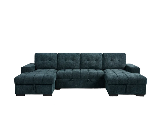 A dark teal upholstered sectional sofa with a left-facing chaise ottoman and a right-facing chaise ottoman, plain white background.
