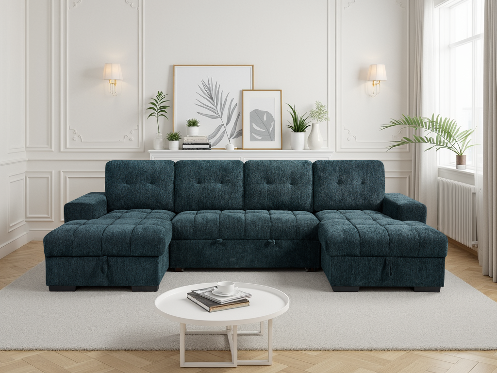 Teal sectional sofa in a living room with decorative elements.
