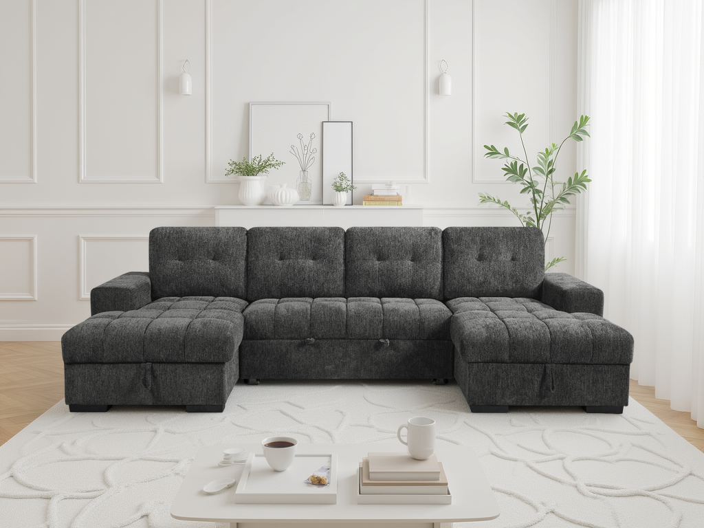 Gray sectional sofa in a living room with a coffee table and decor items.