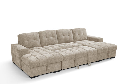 Beige u shape large sofa shown on white background.