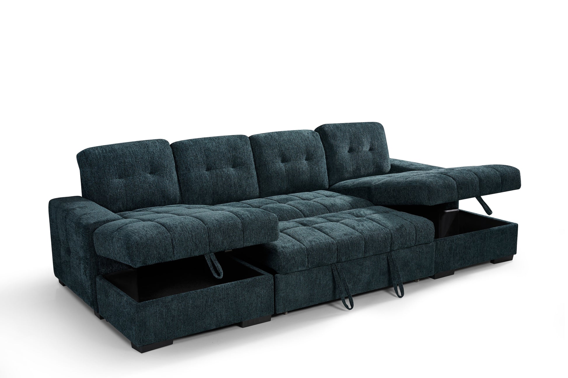 Teal sectional sofa with storage drawers on a white background