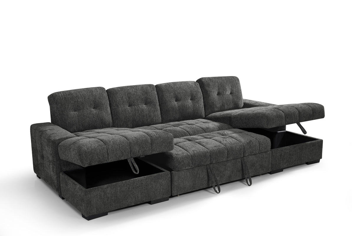 Dark gray sectional sofa with storage drawers on a white background