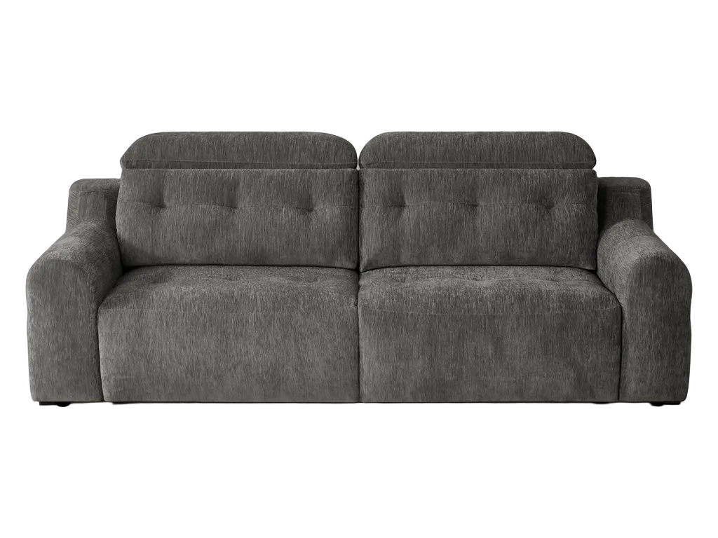 A dark gray fabric loveseat sofa with tufted back cushions on a white background.
