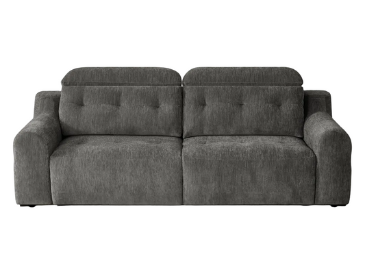 A dark gray fabric loveseat sofa with tufted back cushions on a white background.