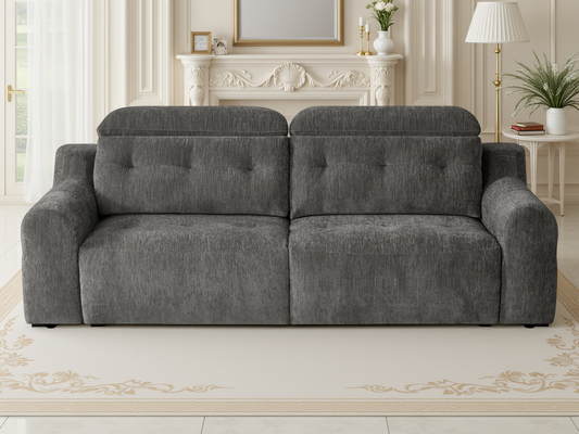 A dark gray fabric loveseat sofa with tufted back cushions, shown in a bright, elegant living room.