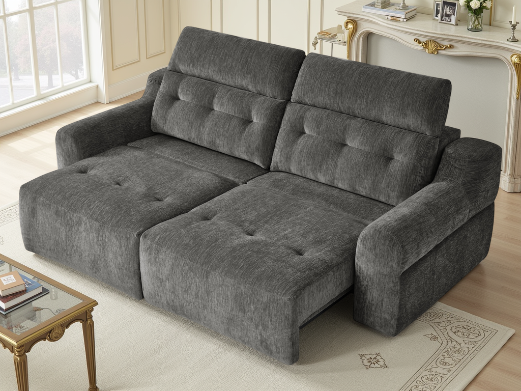 A dark gray tufted reclining sofa bed with a chaise lounge, shown in a bright, elegant living room setting.
