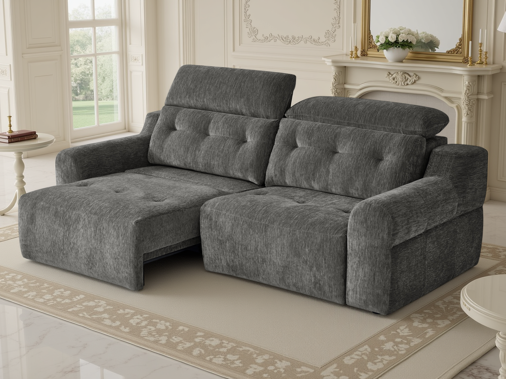 A dark gray tufted fabric chaise lounge sofa placed in a bright, elegant living room with cream walls, a fireplace mantel, and a patterned rug.