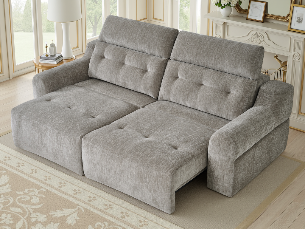 A light gray upholstered reclining loveseat sofa shown in a bright, elegant living room setting.