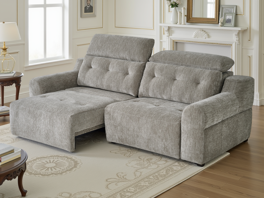 A light gray upholstered sectional sofa with a chaise lounge on the left, shown in a bright living room.