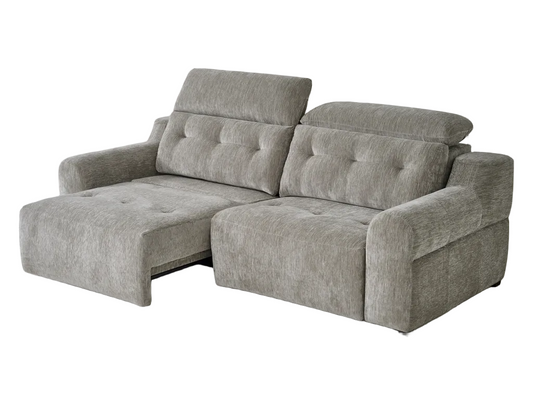 A gray fabric reclining chaise lounge sofa with tufted back cushions and wide armrests, shown on a plain white background.