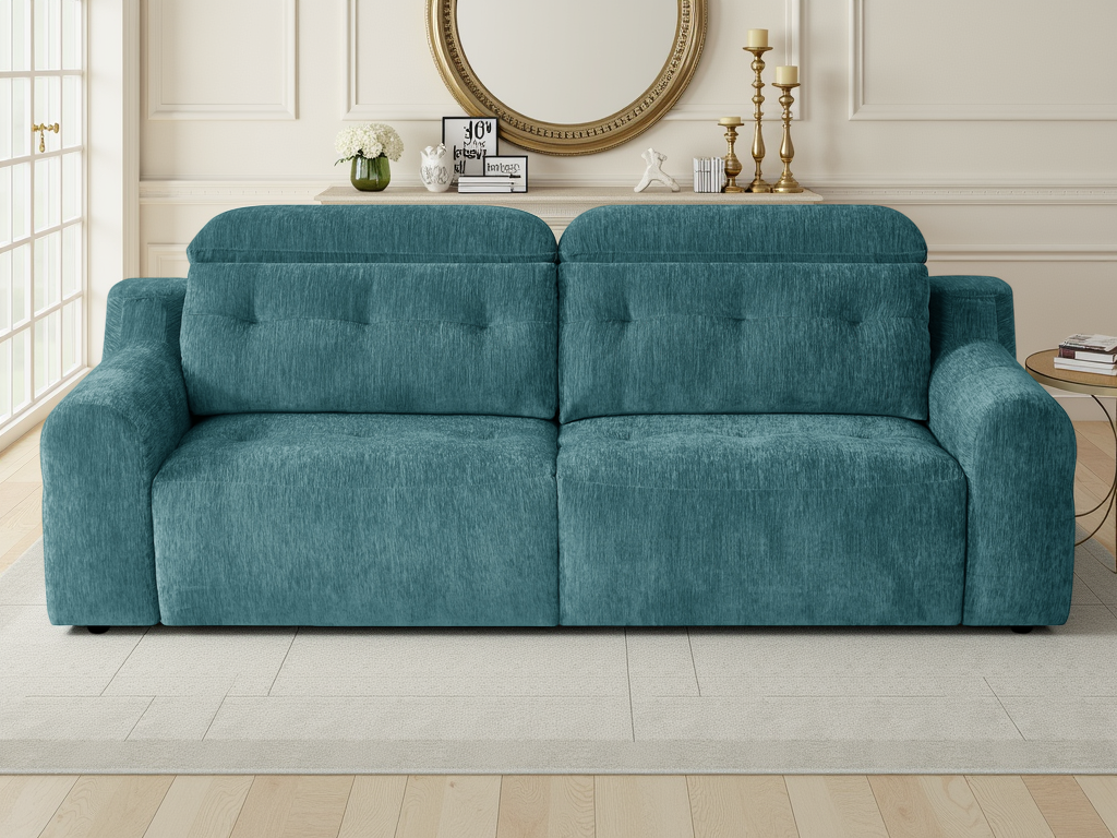 A teal blue upholstered loveseat sofa with tufted back cushions, shown in a bright, modern living room.