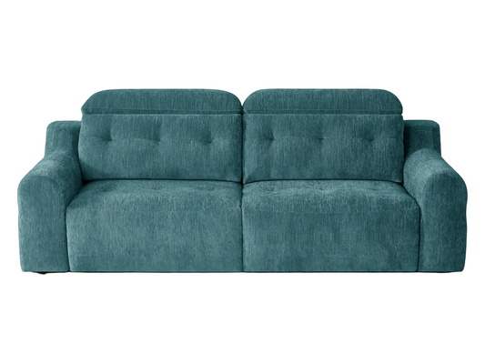 A teal blue upholstered loveseat sofa with tufted back cushions on a white background.