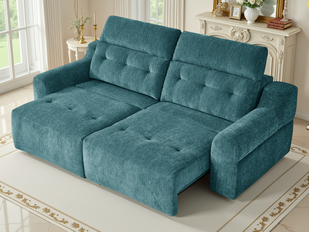 A teal blue tufted fabric sofa bed with a chaise lounge, shown in a bright, elegant room setting.