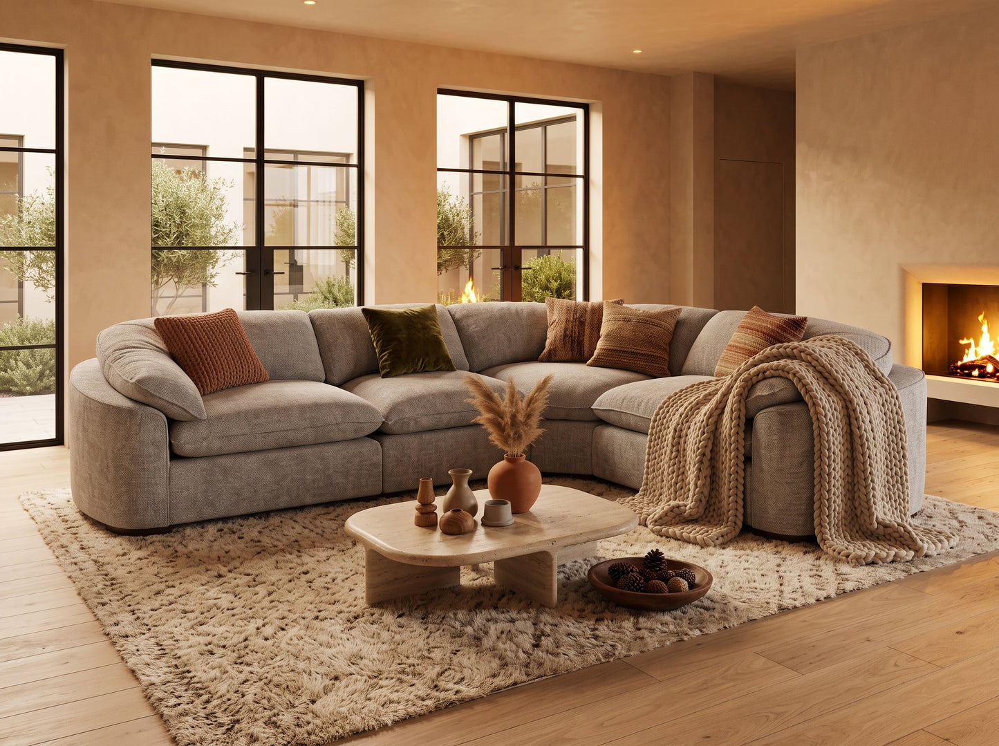A curved light gray upholstered sectional sofa in a warm, modern living room with a fireplace, large windows, a shag rug, and a low wooden coffee table.