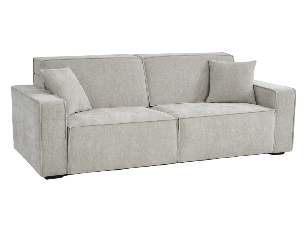 A light gray upholstered loveseat sofa with two matching throw pillows, shown from a three-quarter angle against a plain white background.