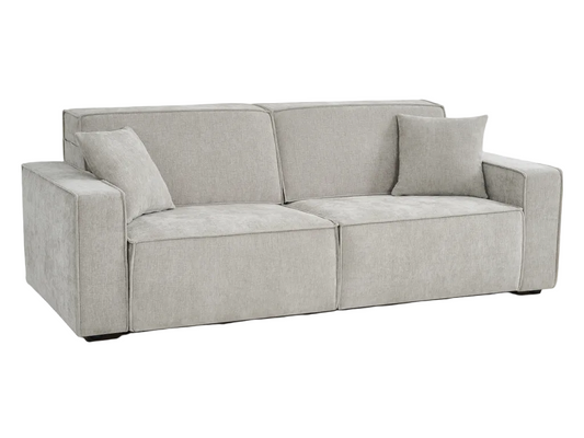 A light gray upholstered loveseat sofa with two matching throw pillows, shown from a three-quarter angle against a plain white background.