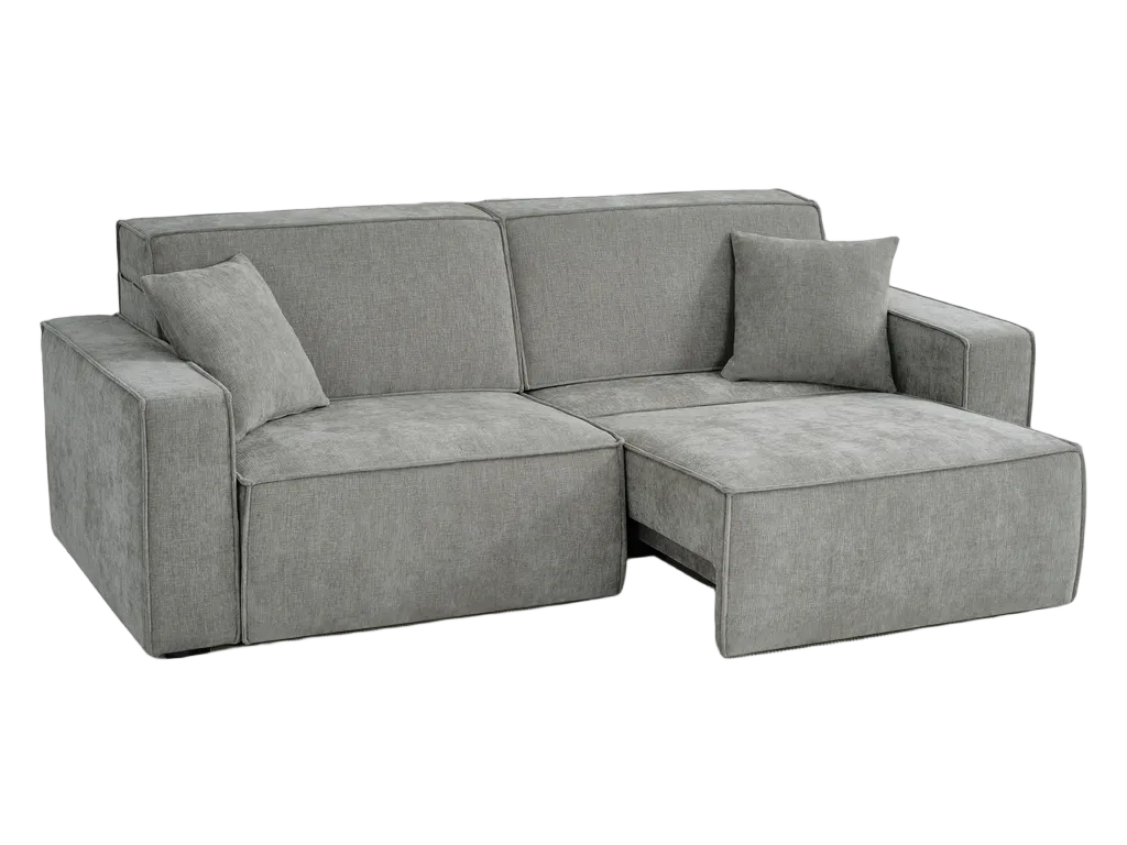 A modern gray fabric sectional sofa with a chaise lounge on the right side shown against a plain white background.