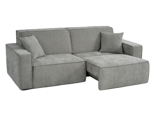 A modern gray fabric sectional sofa with a chaise lounge on the right side shown against a plain white background.