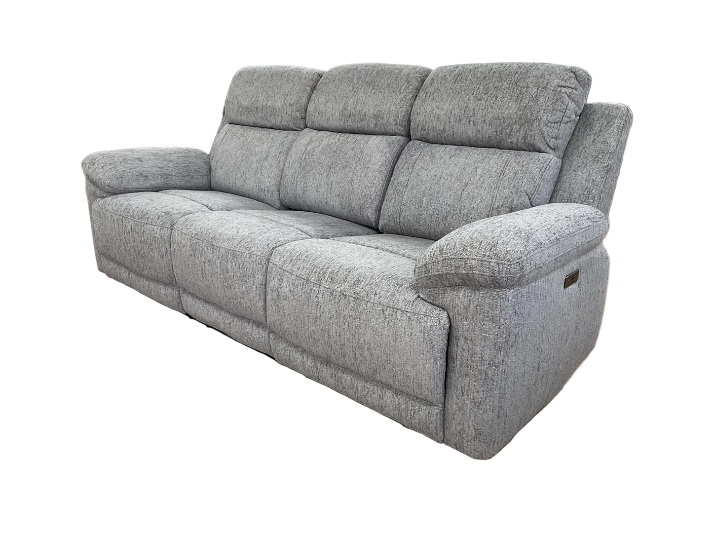 A three-seater power reclining sofa upholstered in a textured light gray fabric, shown from a three-quarter angle against a plain white background.