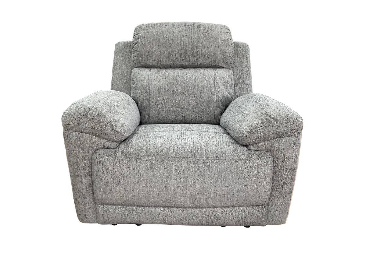A light gray textured fabric recliner armchair with a high back and wide armrests, shown against a plain white background.