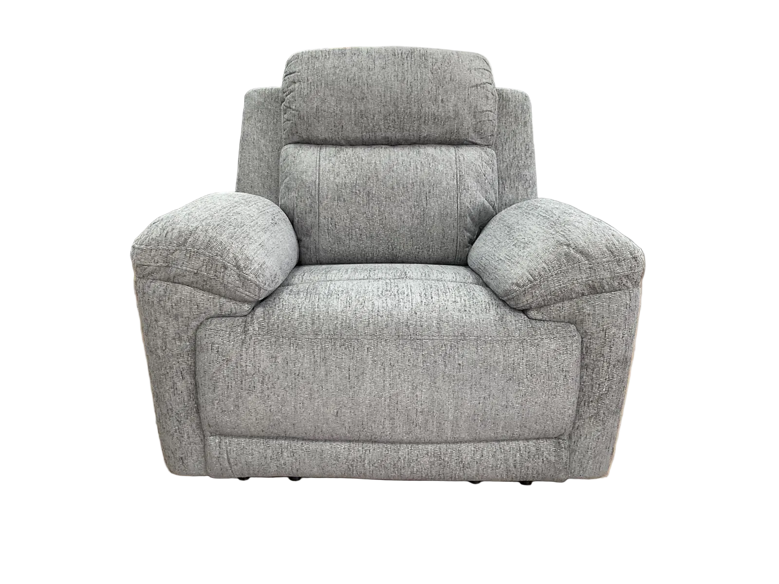 A light gray textured fabric recliner armchair with a high back and wide armrests, shown against a plain white background.