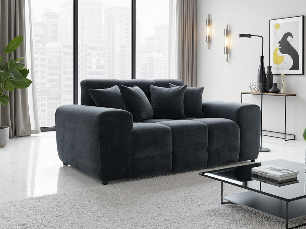 Modern living room with a black sofa, coffee table, and decorative items.