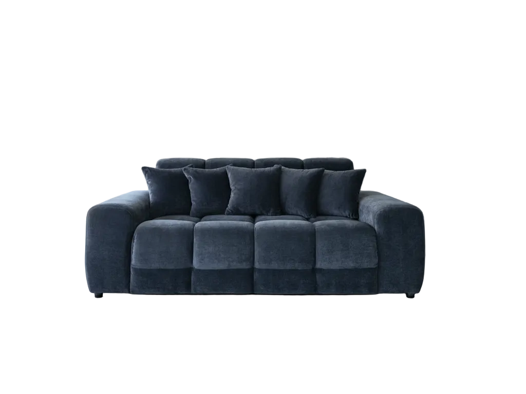 A modern three-seater sofa upholstered in dark black textured fabric, featuring a tufted grid design on the seat and back, accompanied by five matching square throw pillows, shown against a plain white background.