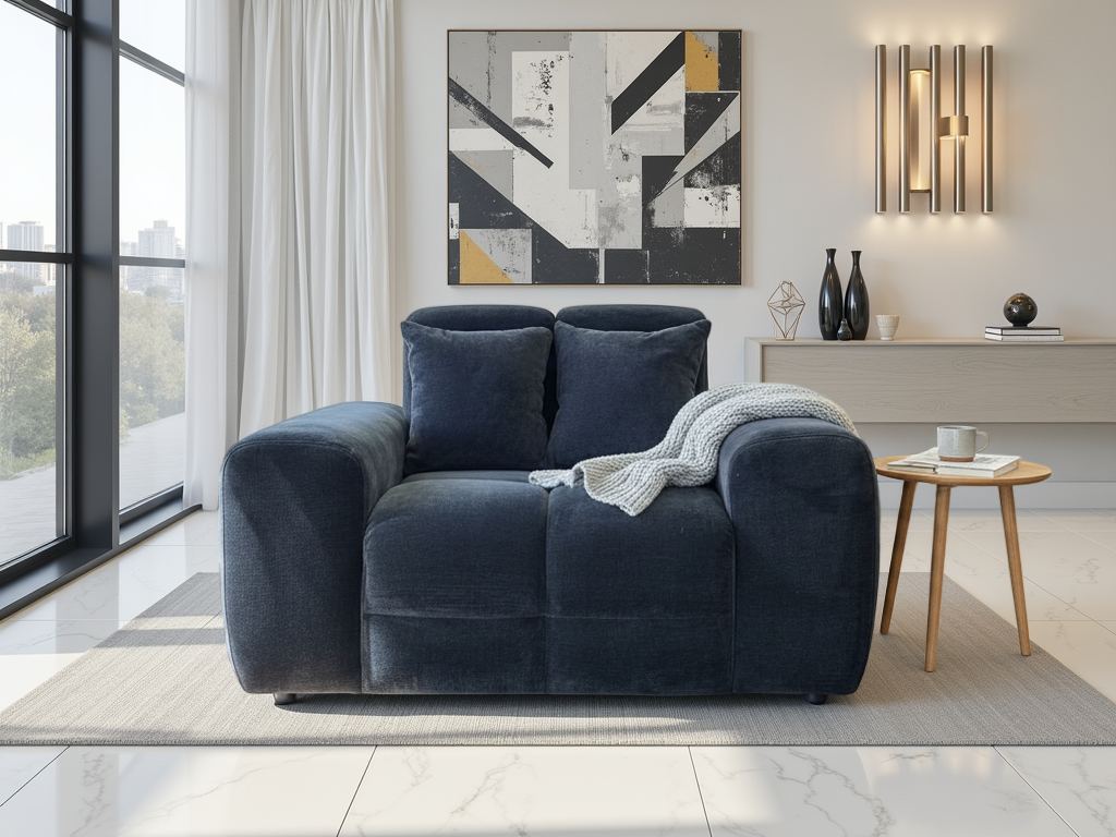 Black armchair in a modern living room with abstract art and decor.