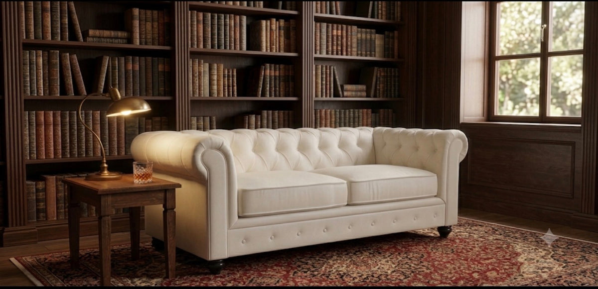 A white tufted leather Chesterfield loveseat sofa in a cozy, dark wood library room with bookshelves, a side table with a lamp, and a patterned rug.