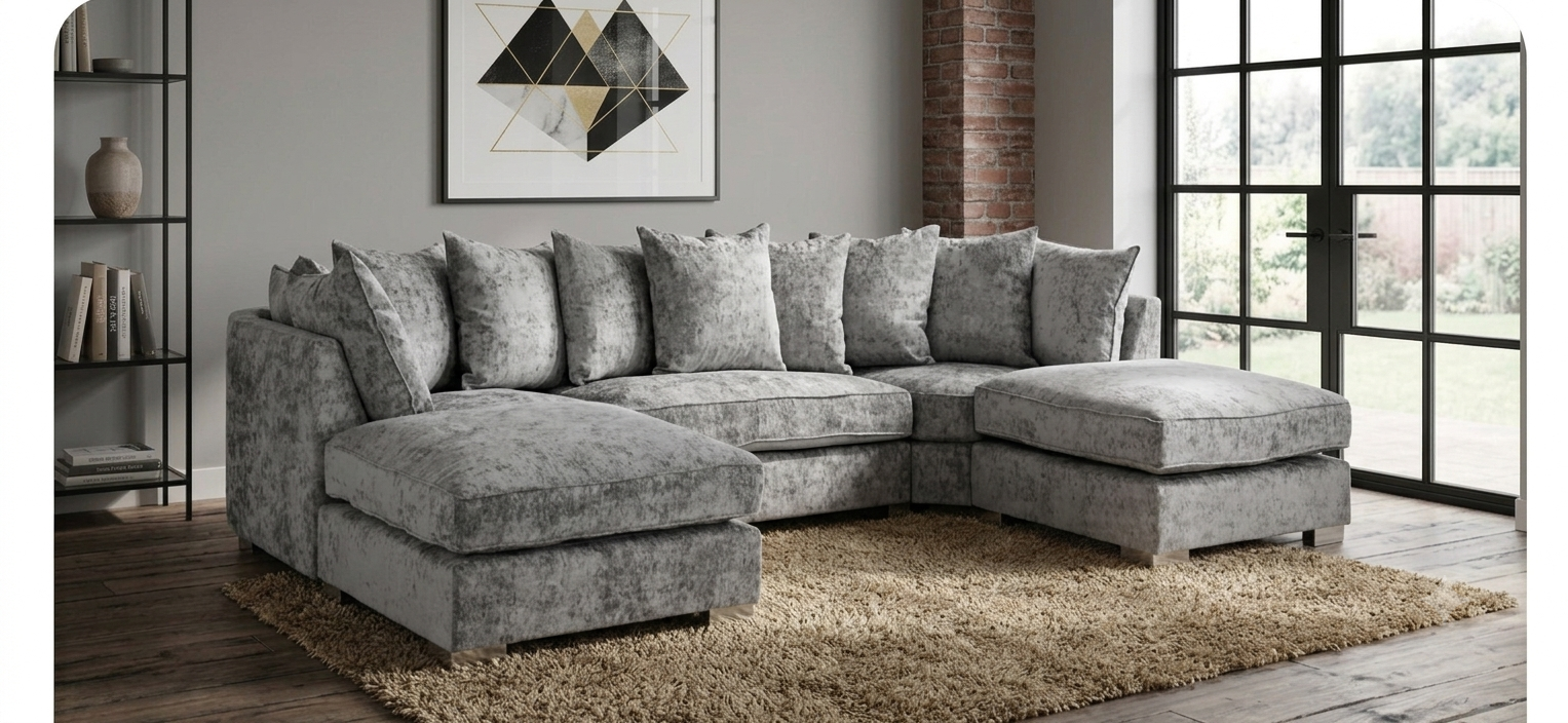 A gray upholstered sectional sofa with multiple matching throw pillows, shown in a staged living room.