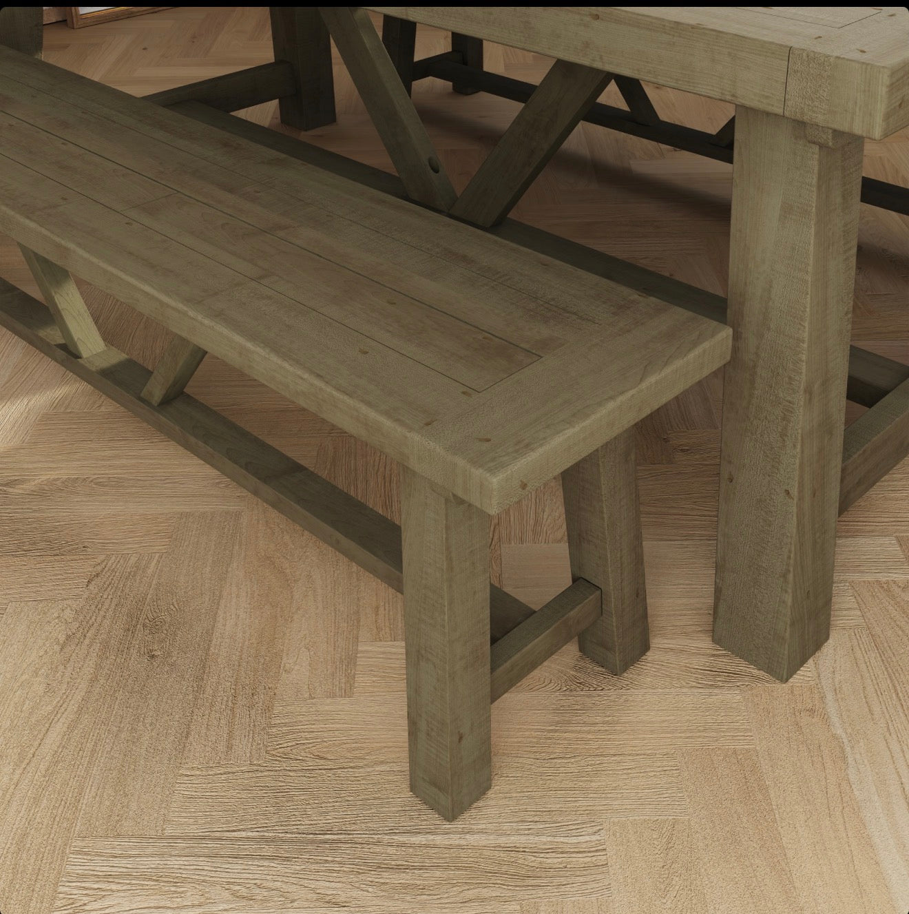 A light natural wood outdoor dining table with a matching bench.