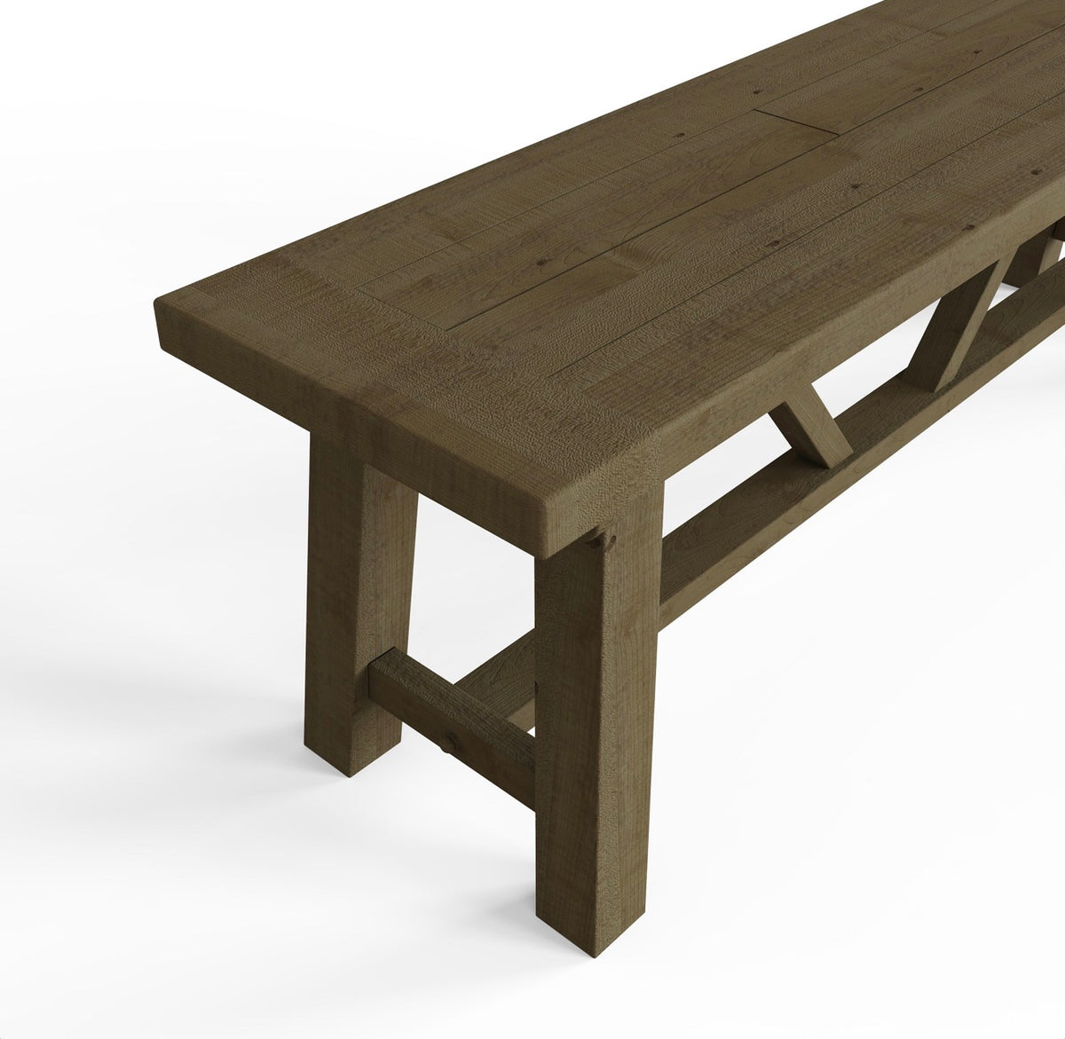 A rustic wooden bench with a thick plank seat and sturdy trestle-style legs, shown at an angle on a clean white background.
