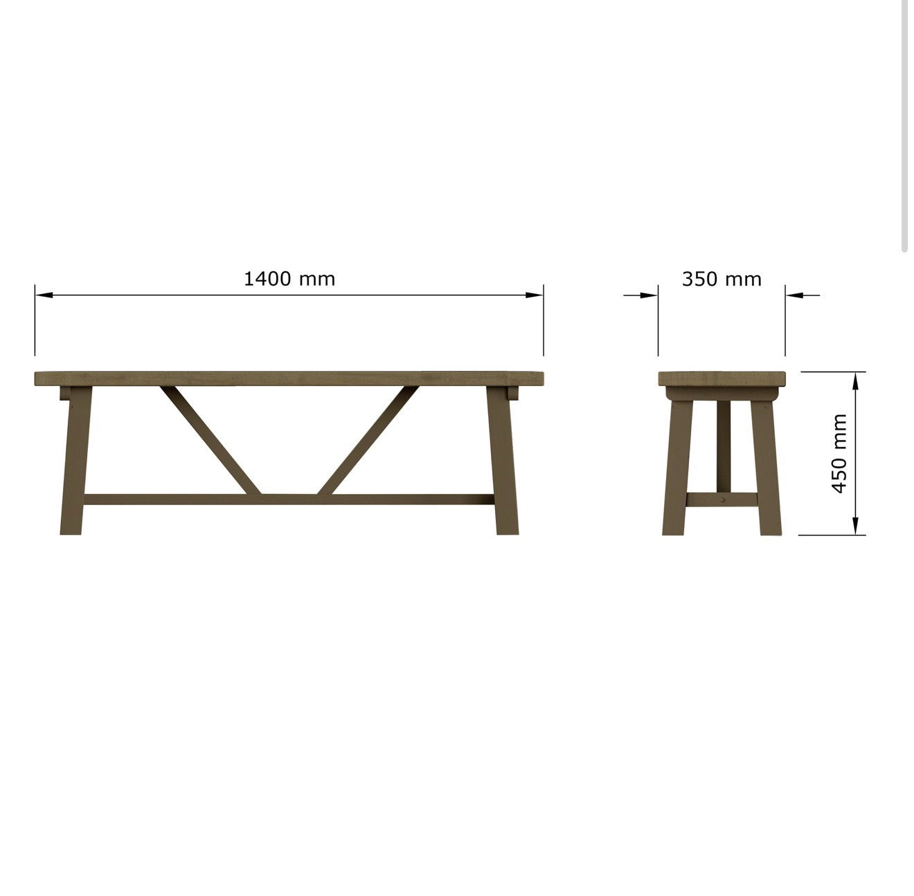 A dimension diagram showing a wooden table from two angles with measurements: 1400 mm length, 350 mm width, and 450 mm height.